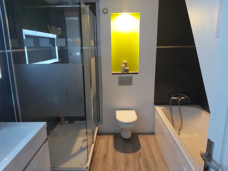 Rénovation salle de bain pose de toilettes contemporaine | Akrénov Bretagne Finistère
